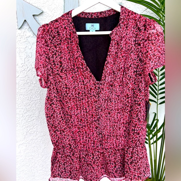 CeCe Tops - NWT Cece Chiffon Floral Red Print Blouse Buttons Flutter Sleeve Fully Lined Sz M
